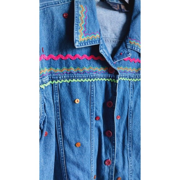 Vintage 90's Womens Embroidered Geometric Denim Jacket Collared XL New Direction - Picture 2 of 11